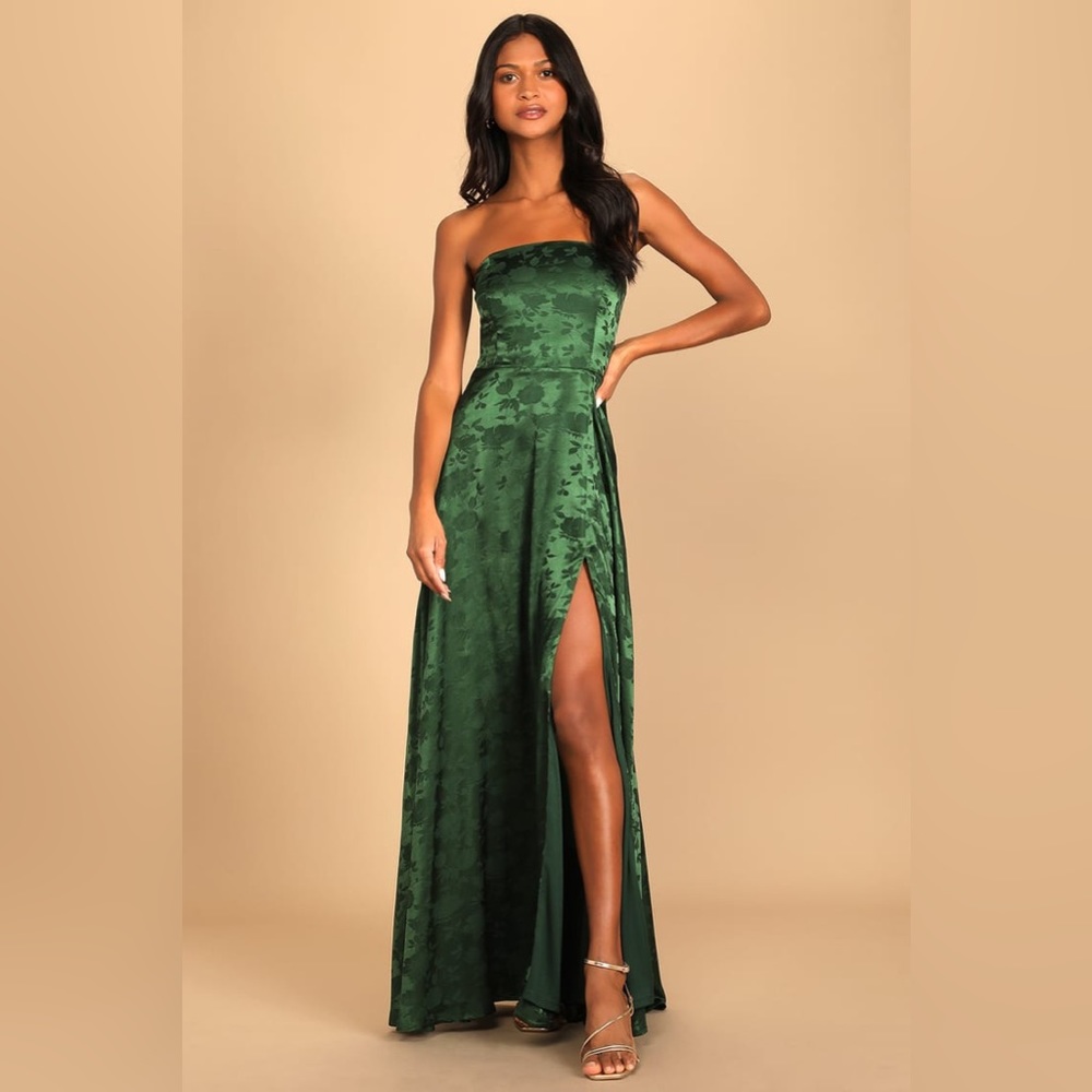 Made to Marvel Emerald Green Satin Jacquard Strapless Maxi Dress